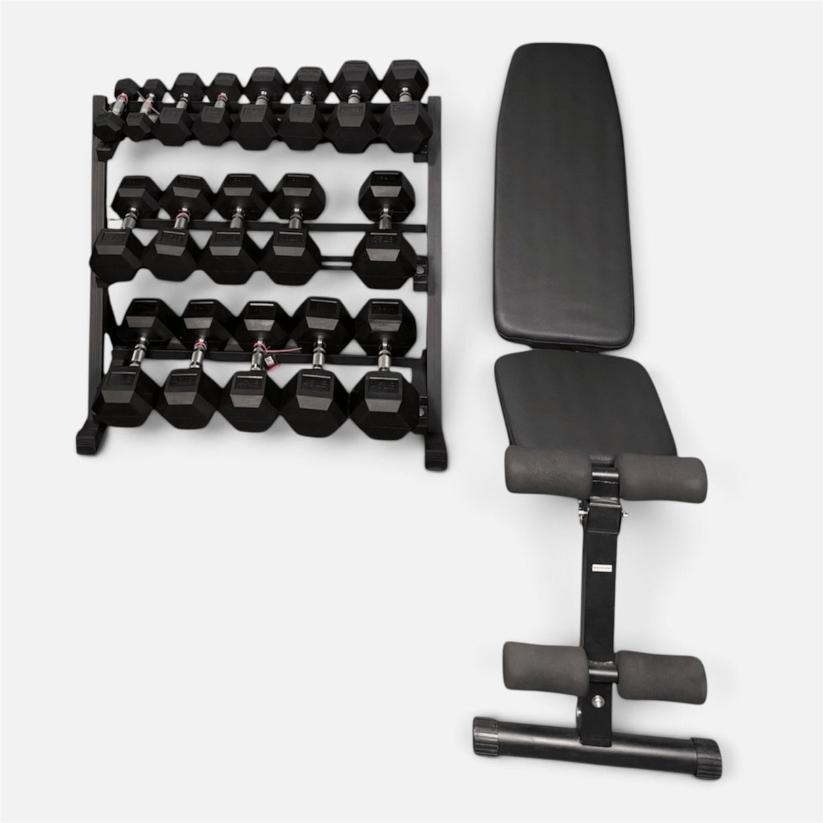 5-45lb rubber dumbbells with rack and adjustable bench Combo