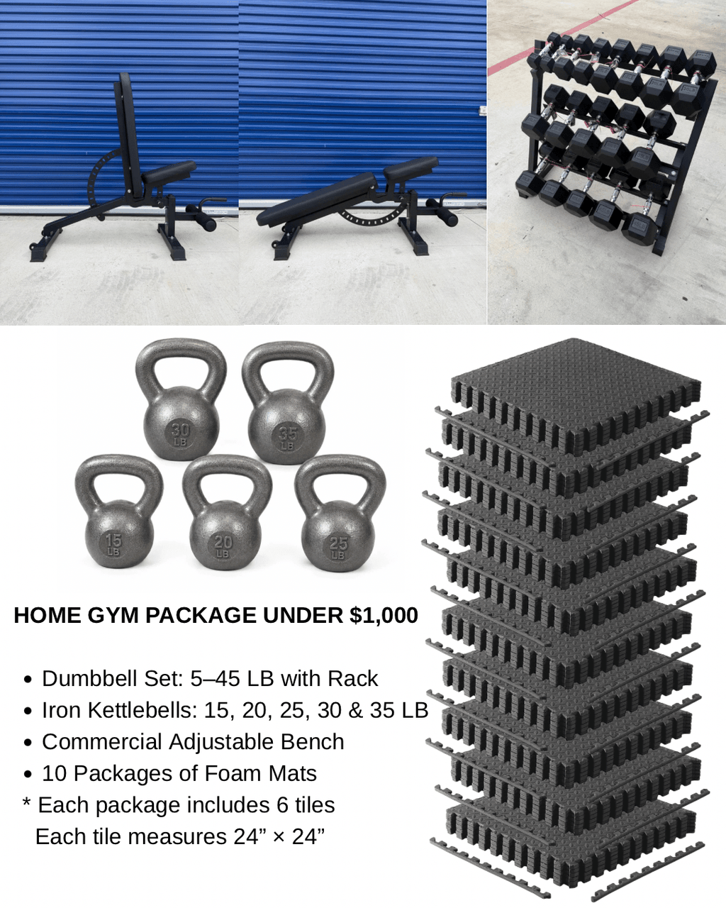 5-45lb rubber dumbbells with rack, comercial adjustable bench, set of 15-35lb kettlebells and 10 package of foam mats