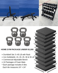5-45lb rubber dumbbells with rack, comercial adjustable bench, set of 15-35lb kettlebells and 10 package of foam mats