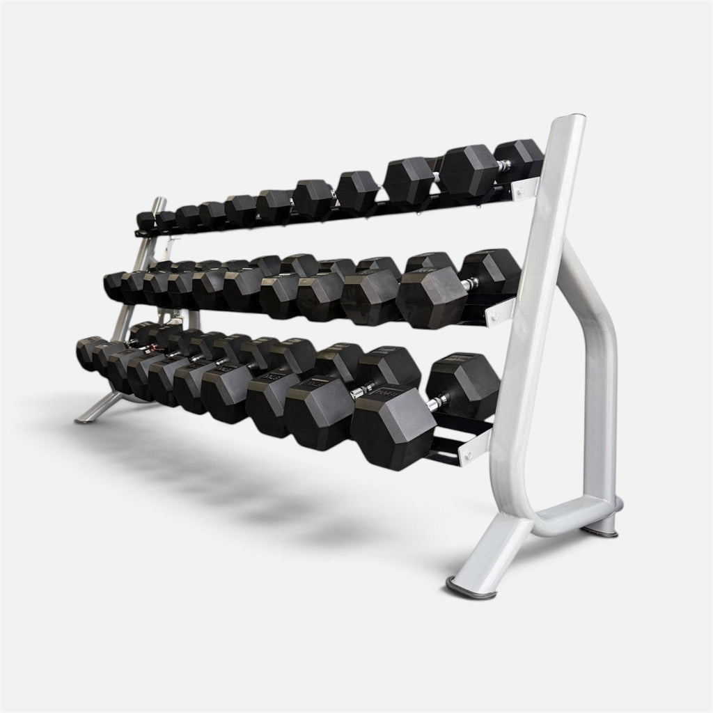 New pair of 10-60,70,80,90,100lb rubber dumbbell with semi commercial rack.