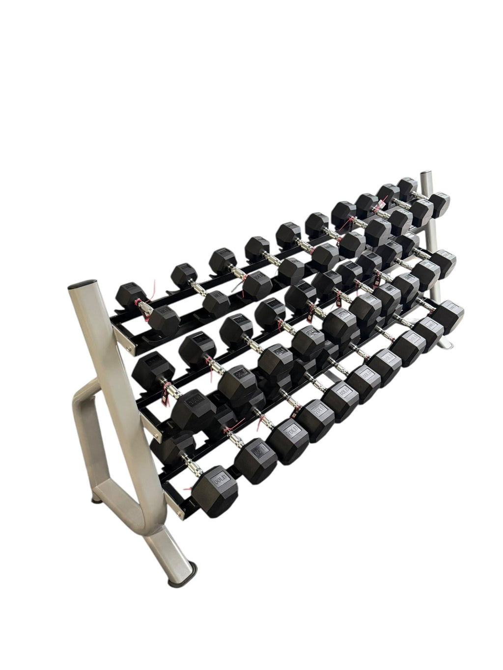 New pair of 10-60,70,80,90,100lb rubber dumbbell with semi commercial rack.
