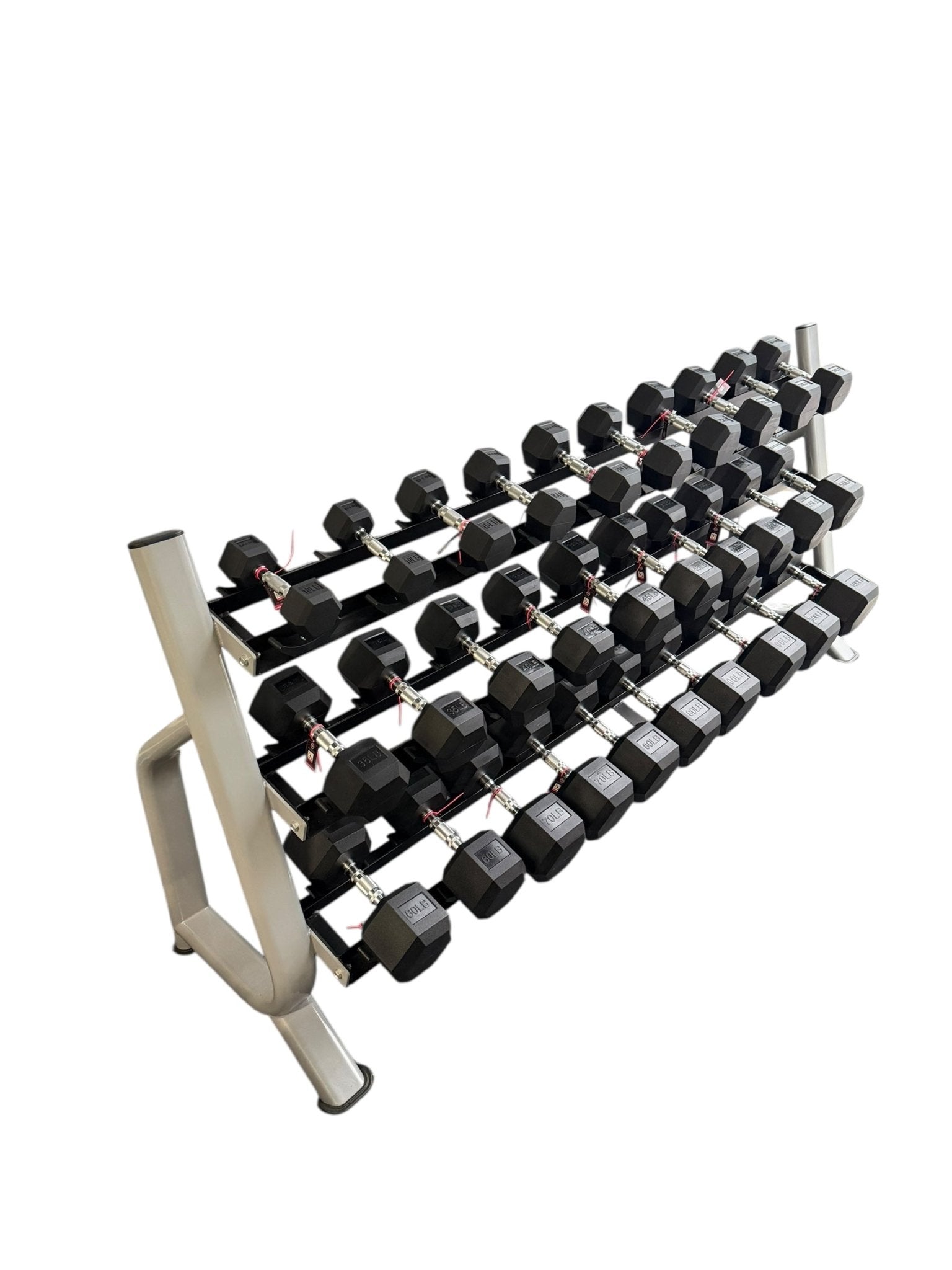 New pair of 10-60,70,80,90,100lb rubber dumbbell with semi commercial rack.
