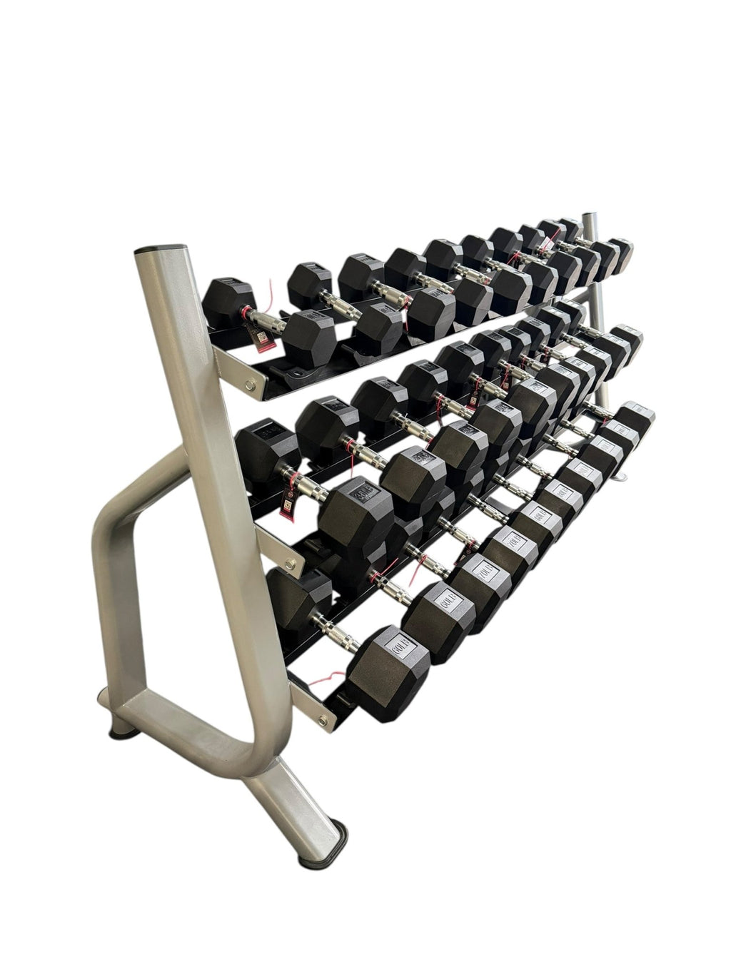 New pair of 10-60,70,80,90,100lb rubber dumbbell with semi commercial rack.