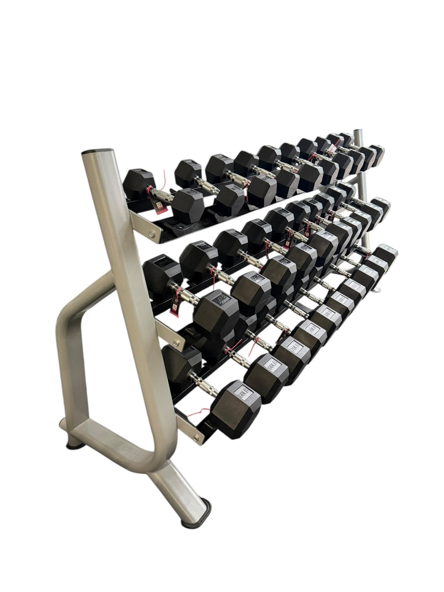 New pair of 10-60,70,80,90,100lb rubber dumbbell with semi commercial rack.