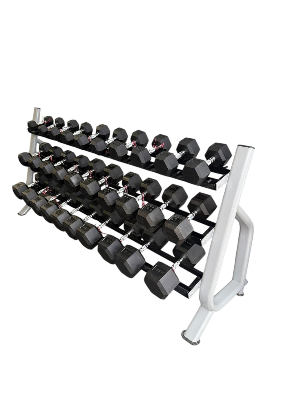 New pair of 10-60,70,80,90,100lb rubber dumbbell with semi commercial rack.