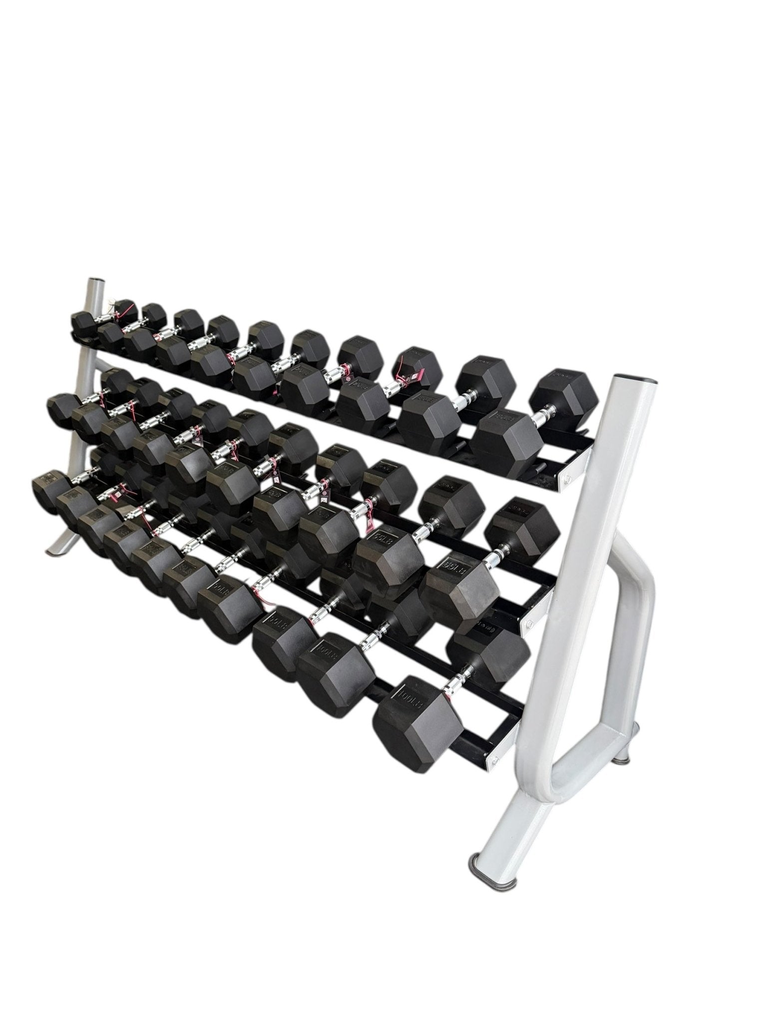 New pair of 10-60,70,80,90,100lb rubber dumbbell with semi commercial rack.