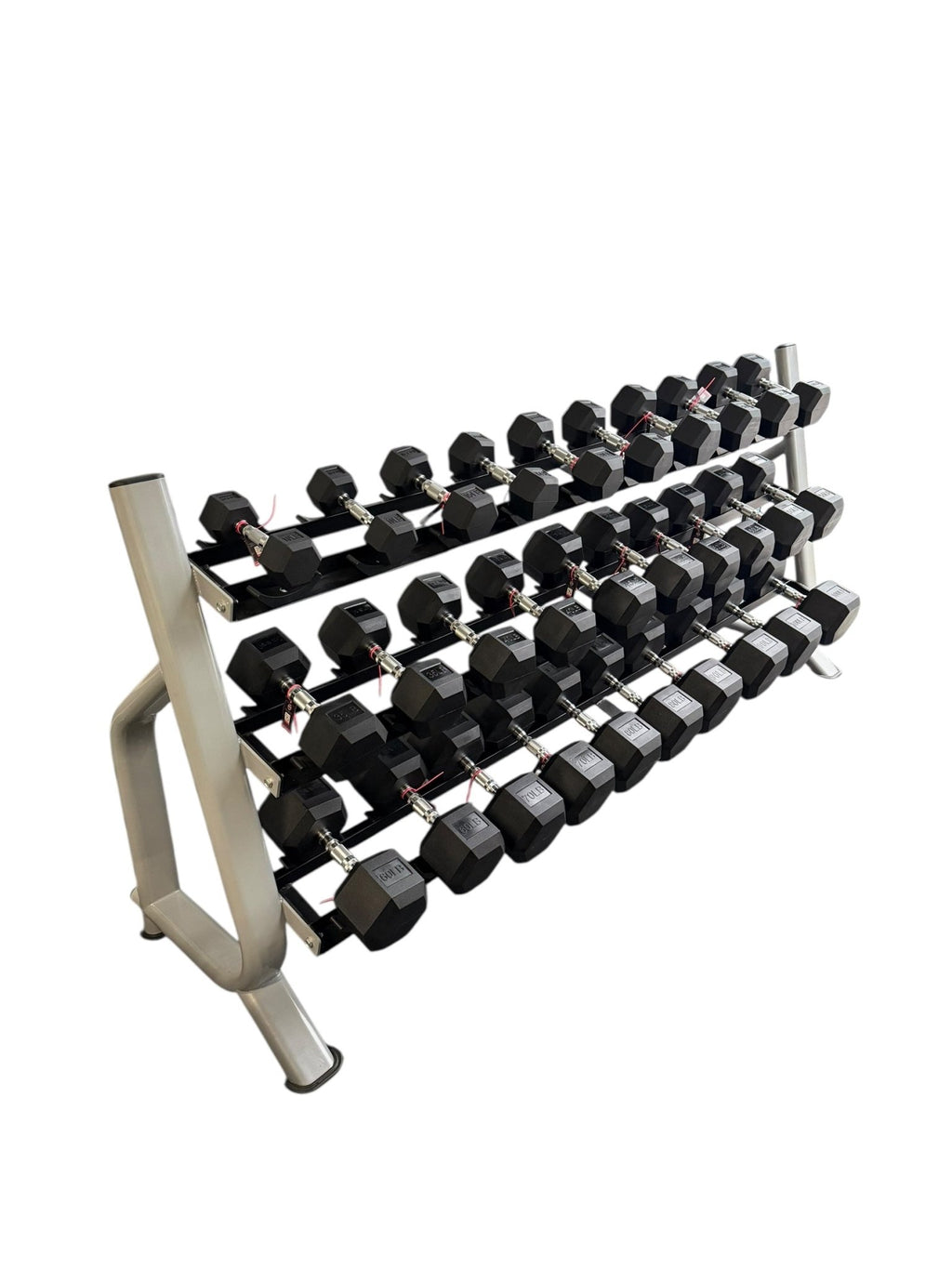 New pair of 10-60,70,80,90,100lb rubber dumbbell with semi commercial rack.