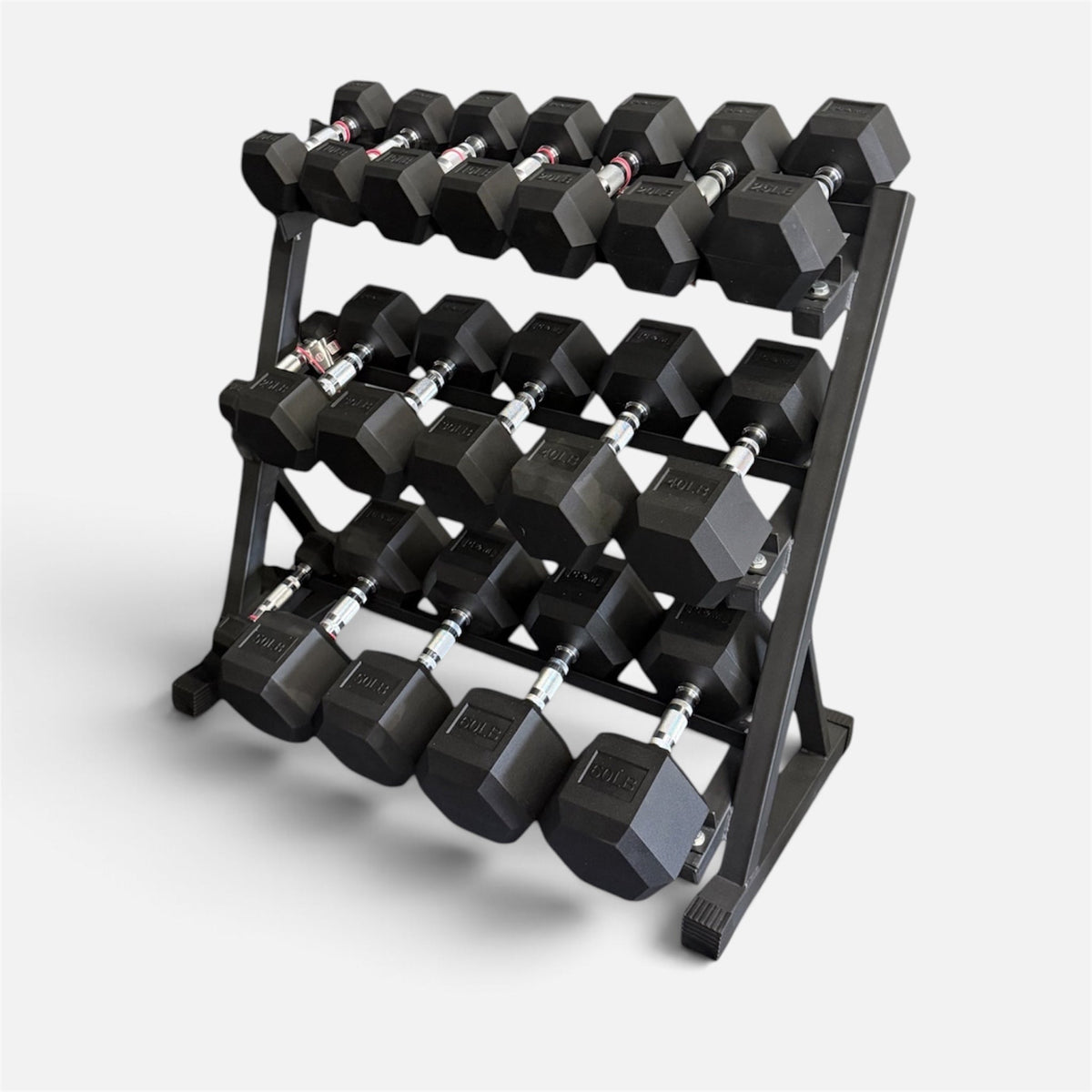New pair of 5,10,15,20,25,30,40,50,60lb  rubber dumbbells + rack.