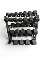 New pair of 5,10,15,20,25,30,40,50,60lb  rubber dumbbells + rack.