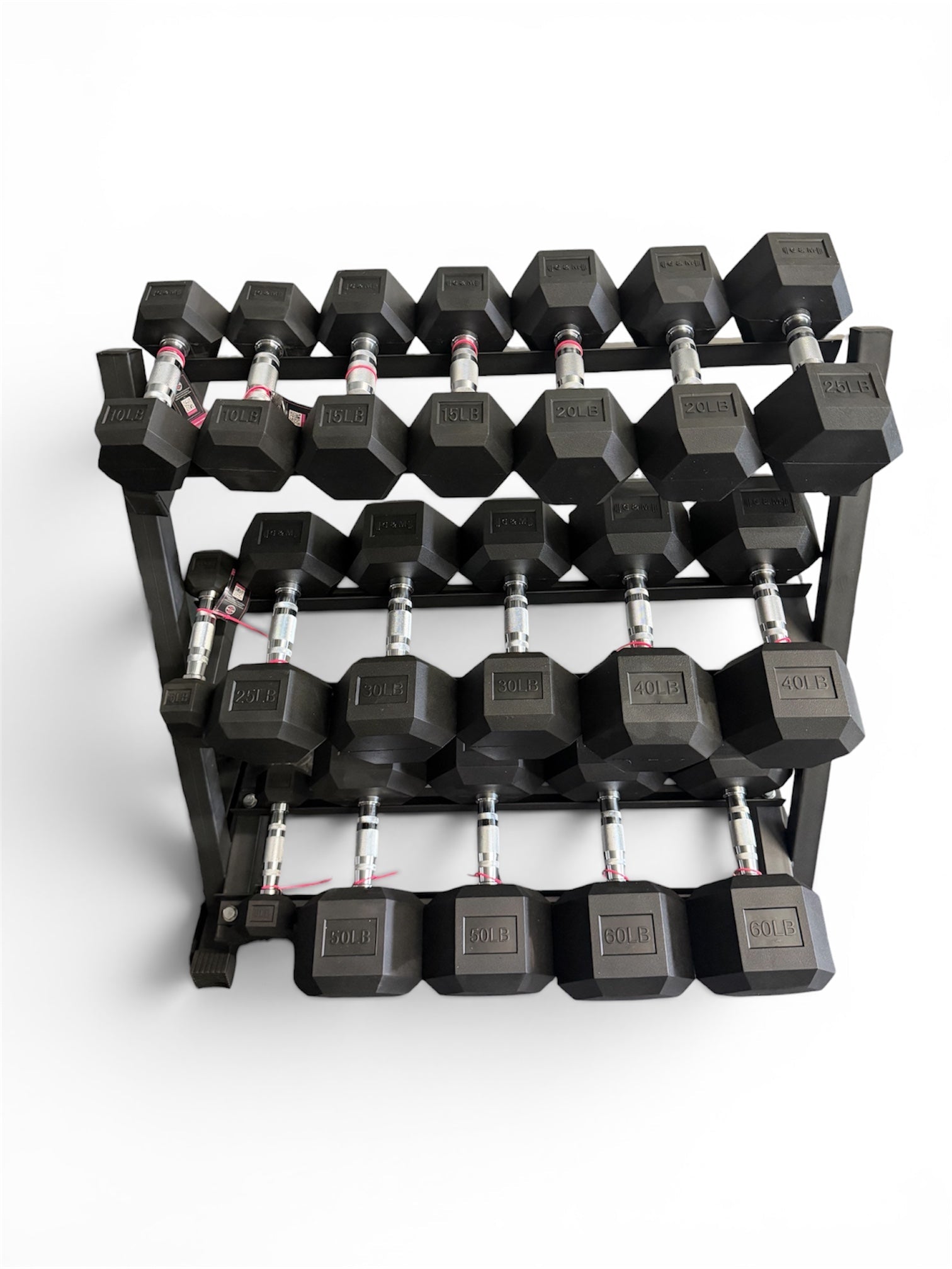 New pair of 5,10,15,20,25,30,40,50,60lb  rubber dumbbells + rack.