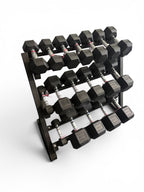 New pair of 5,10,15,20,25,30,40,50,60lb  rubber dumbbells + rack.