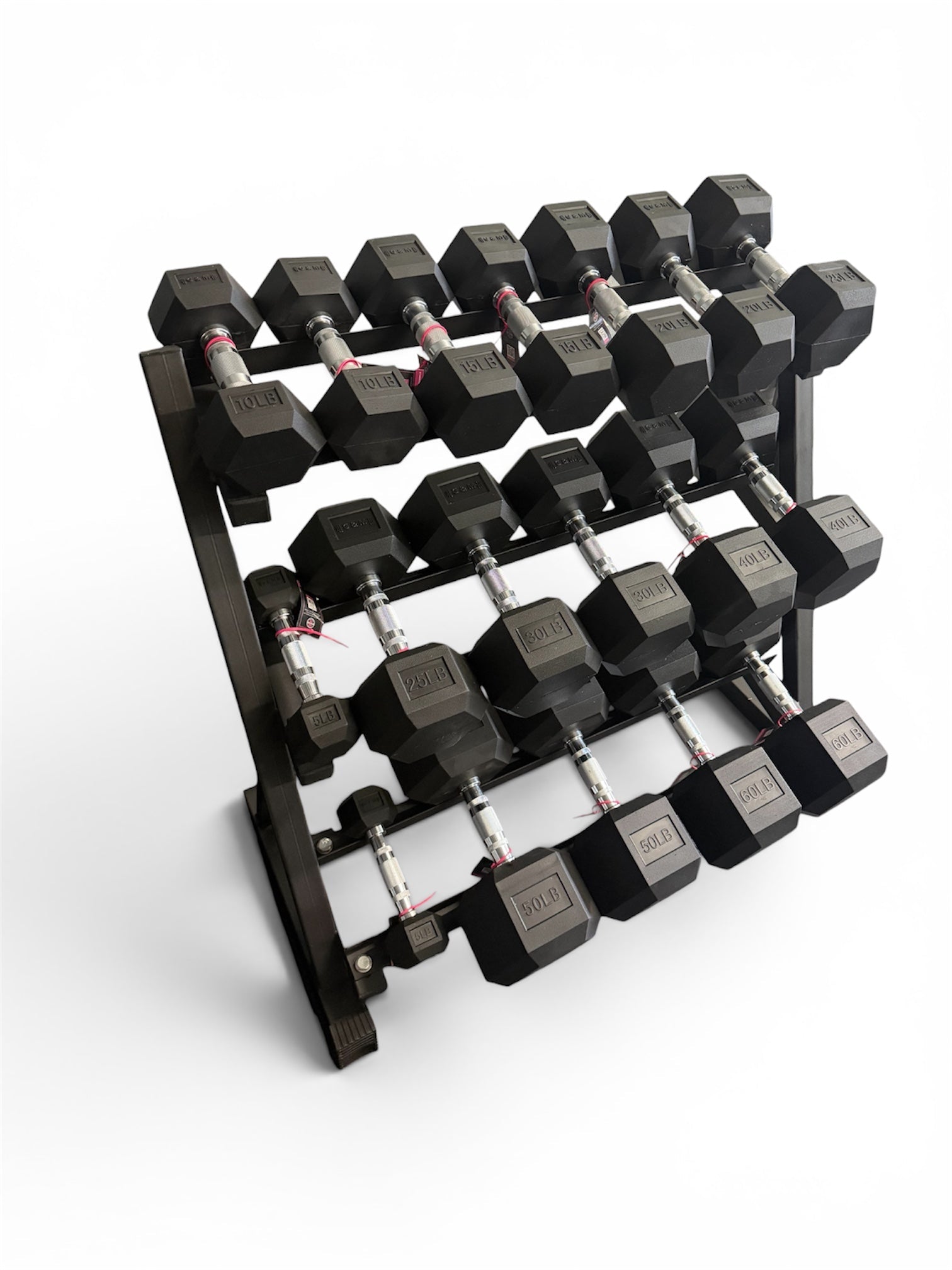 New pair of 5,10,15,20,25,30,40,50,60lb  rubber dumbbells + rack.