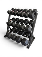 New pair of 5,10,15,20,25,30,40,50,60lb  rubber dumbbells + rack.
