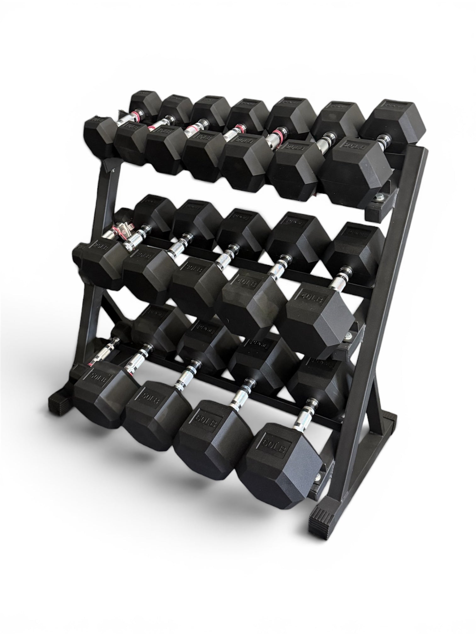 New pair of 5,10,15,20,25,30,40,50,60lb  rubber dumbbells + rack.