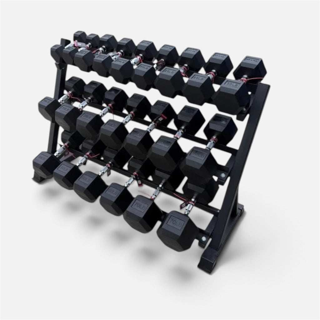 Pair of 10-50,60,70lb Hex Rubber Dumbbells Set with Rack