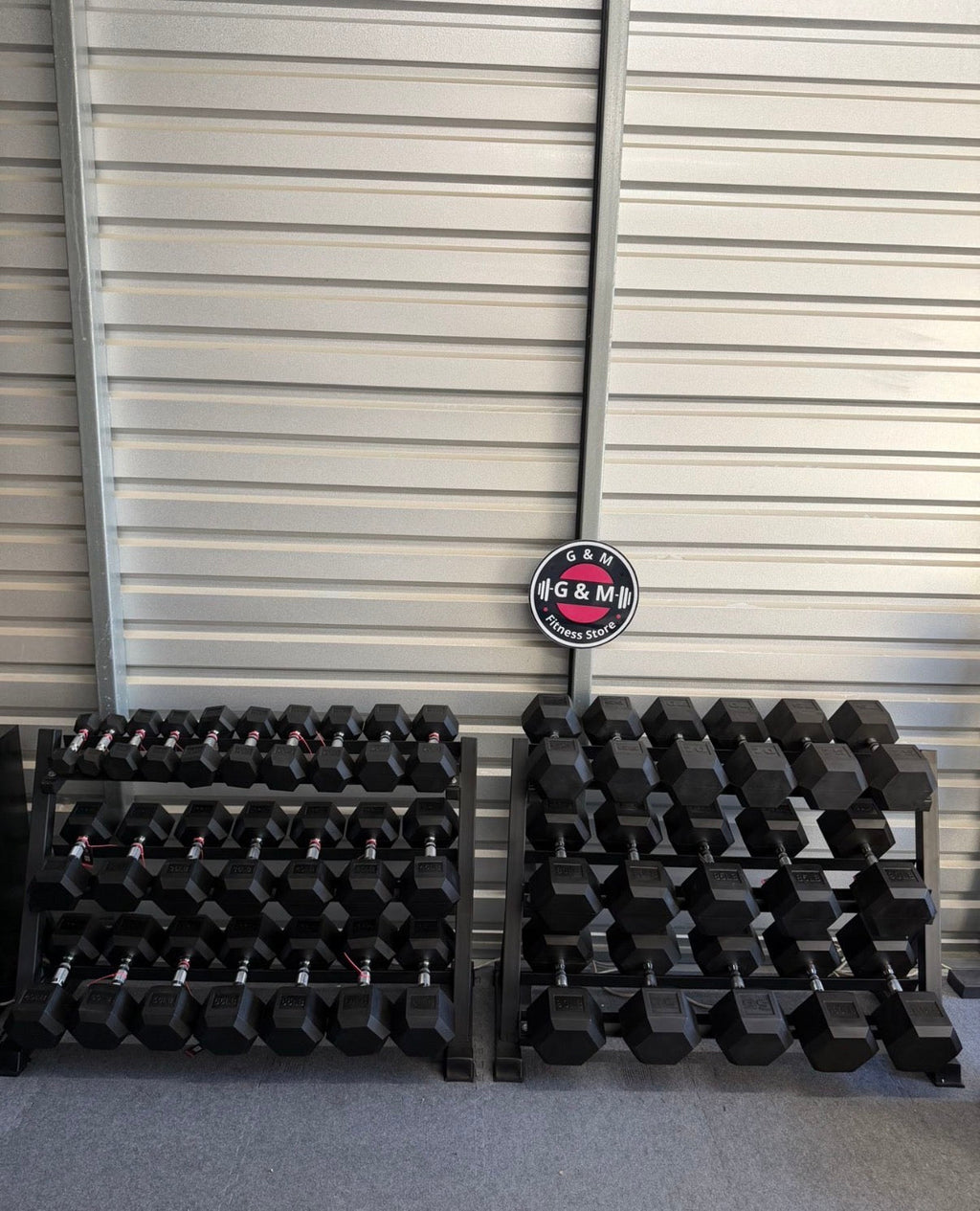Pair of 5-100lb Hex Rubber Dumbbells Set with Two Racks