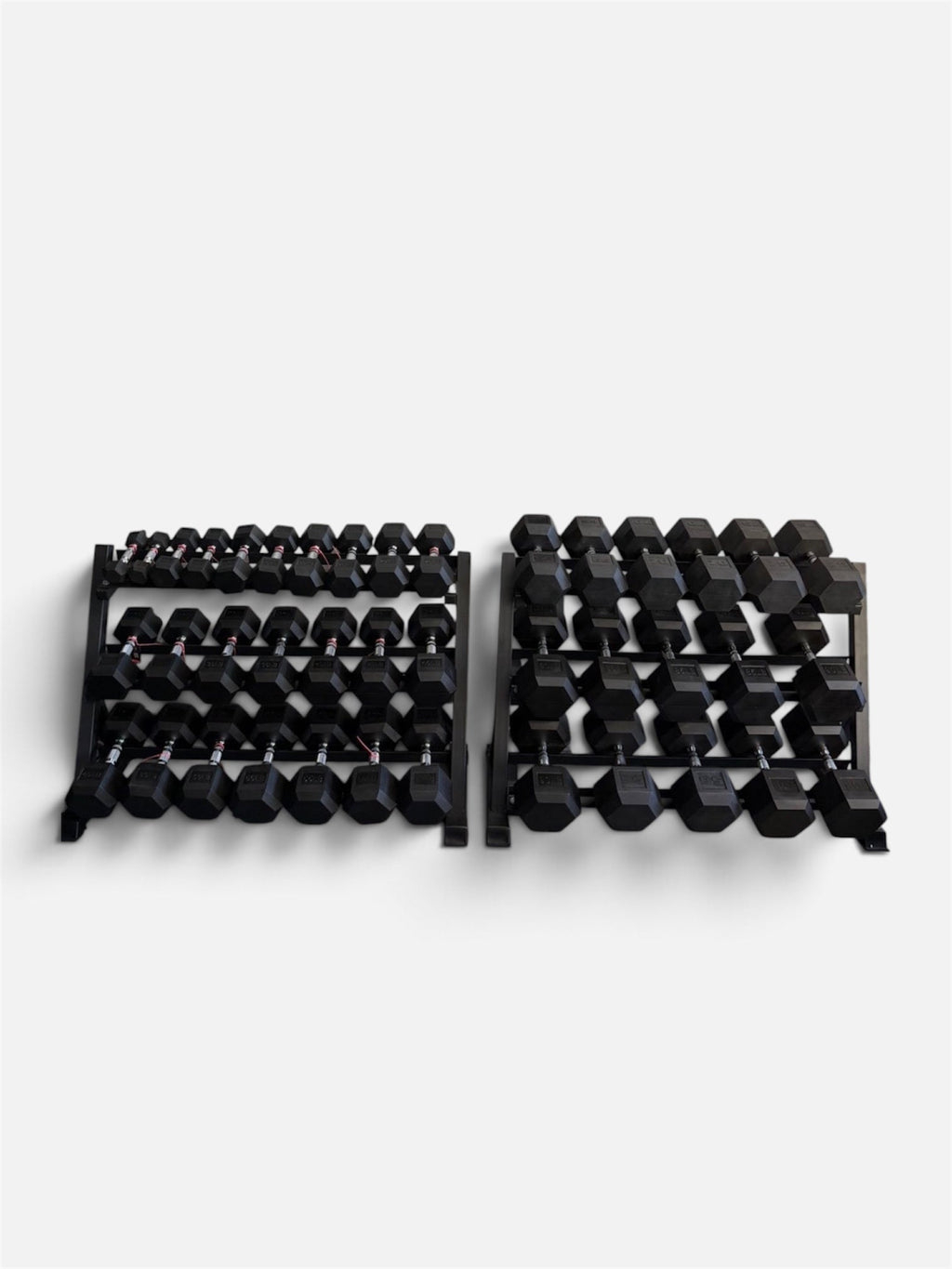 Pair of 5-100lb Hex Rubber Dumbbells Set with Two Racks