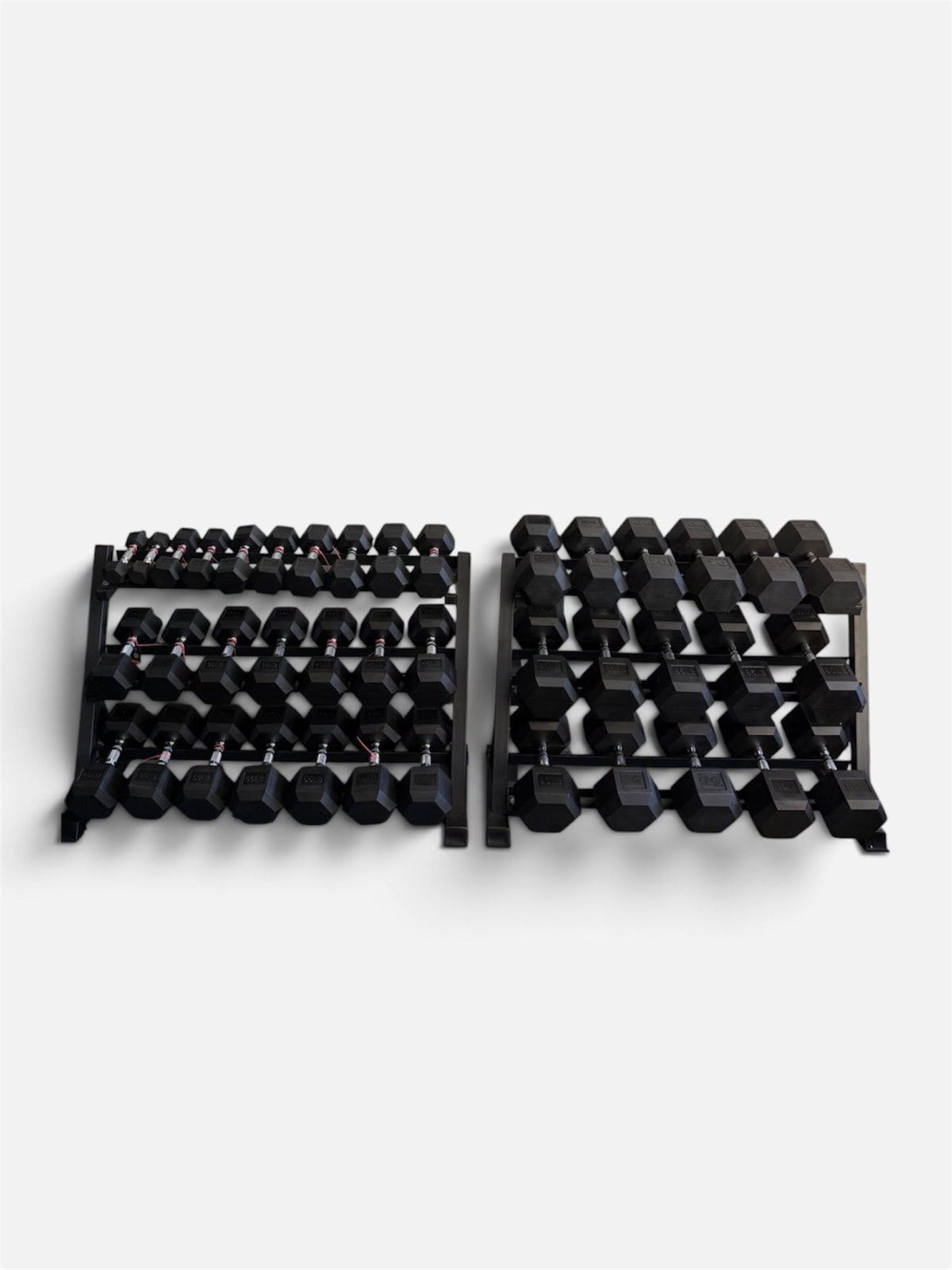 Pair of 5-100lb Hex Rubber Dumbbells Set with Two Racks