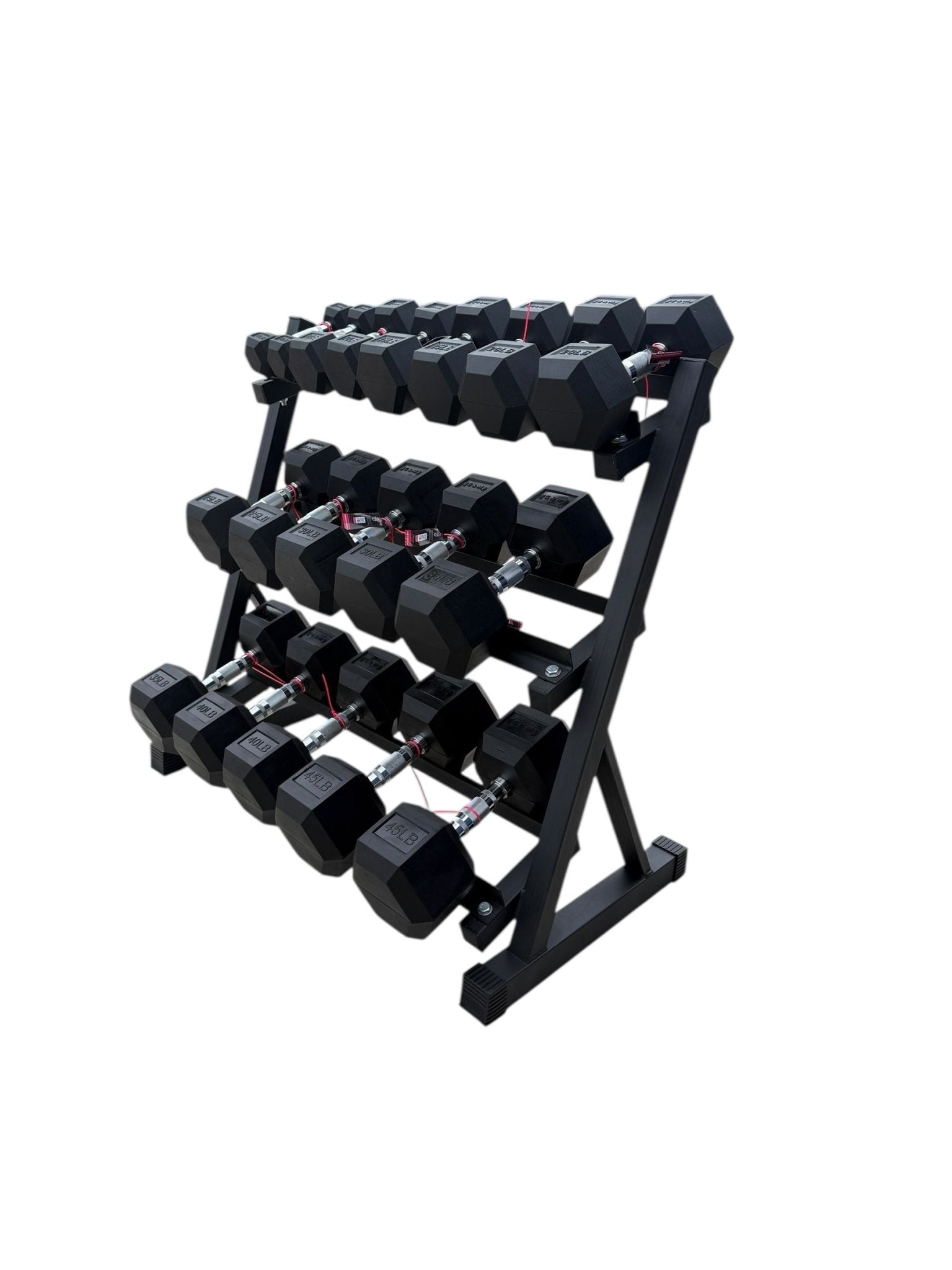 Pair of 5-45lb Hex Rubber Dumbbells Set with Rack