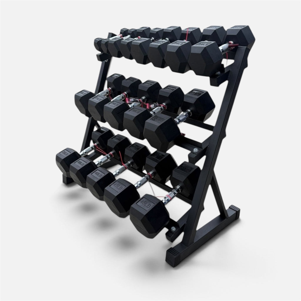 Pair of 5-45lb Hex Rubber Dumbbells Set with Rack
