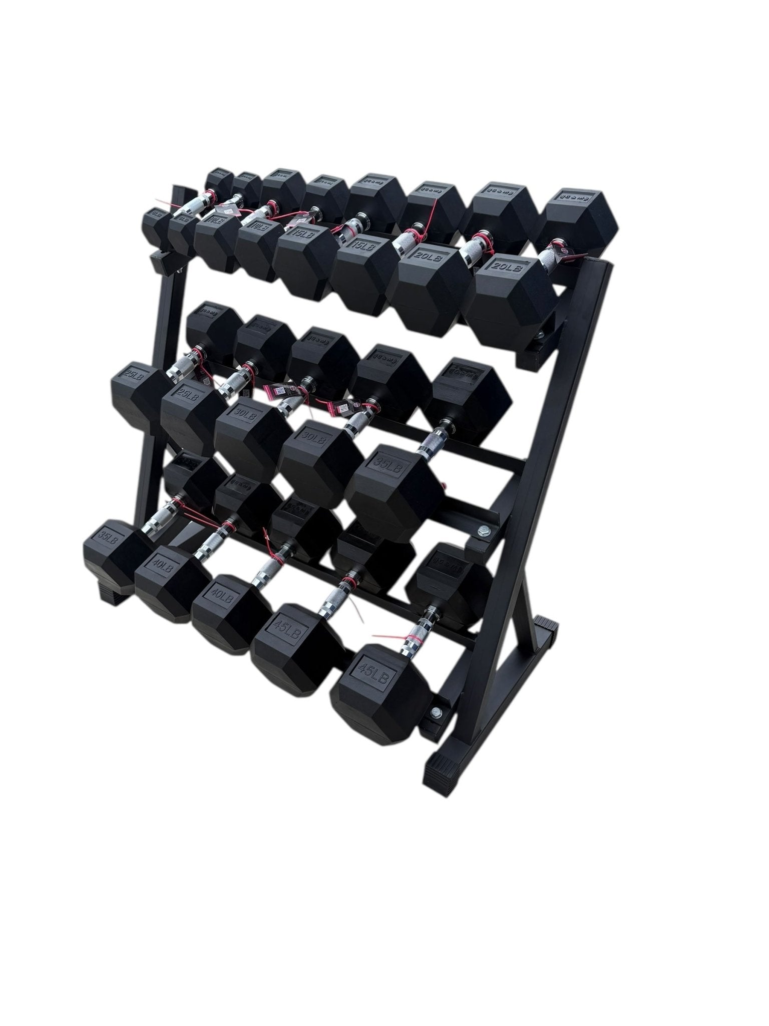 Pair of 5-45lb Hex Rubber Dumbbells Set with Rack