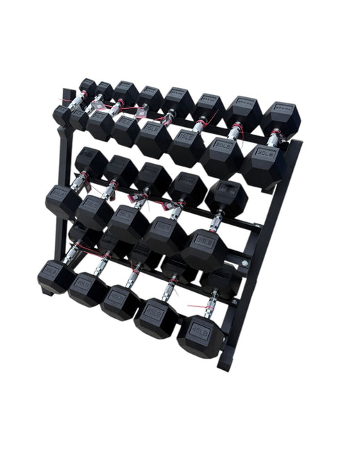 5-45lb rubber dumbbells with rack, comercial adjustable bench, set of 15-35lb kettlebells and 10 package of foam mats