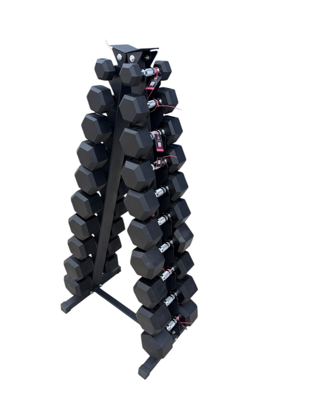 Pair of 5-50lb Hex Rubber Dumbbells Set with "A" Rack