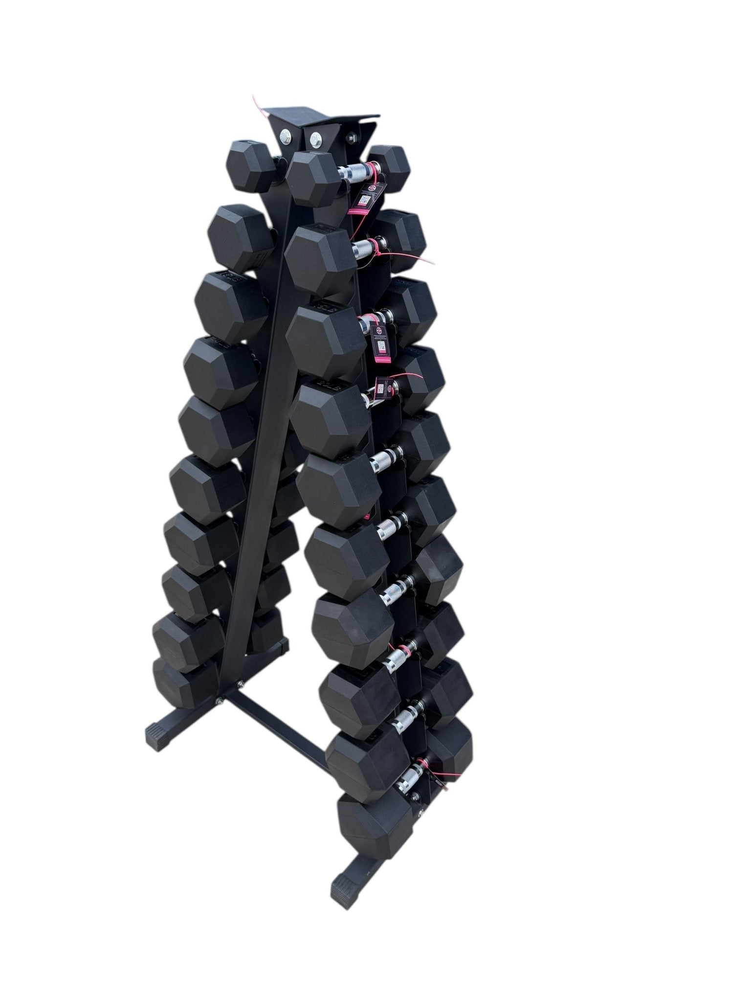 Pair of 5-50lb Hex Rubber Dumbbells Set with "A" Rack