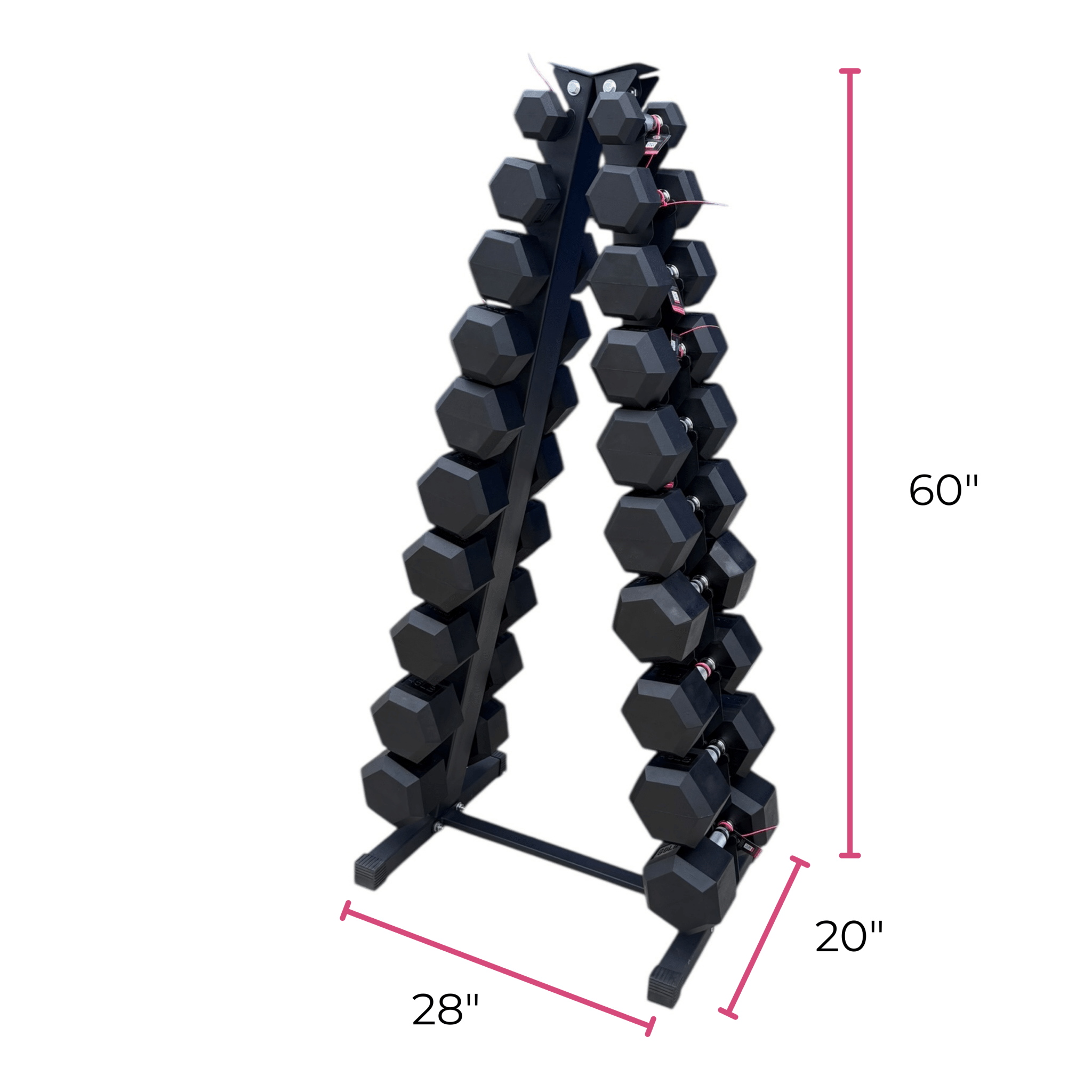 Pair of 5-50lb Hex Rubber Dumbbells Set with "A" Rack