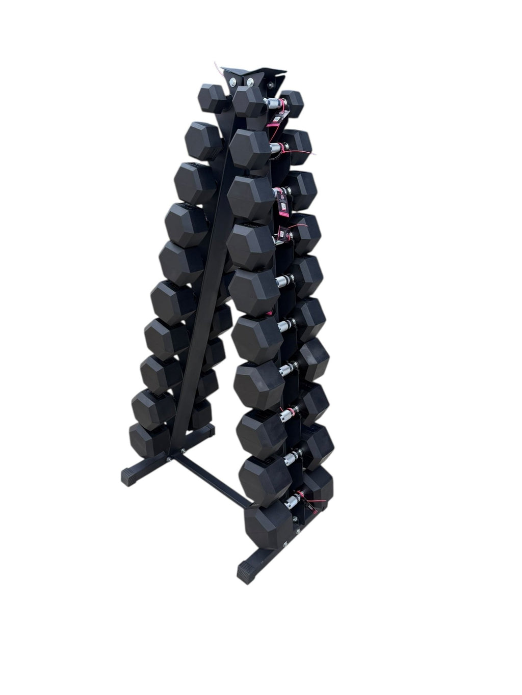 Pair of 5-50lb Hex Rubber Dumbbells Set with "A" Rack