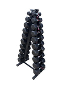 Pair of 5-50lb Hex Rubber Dumbbells Set with "A" Rack