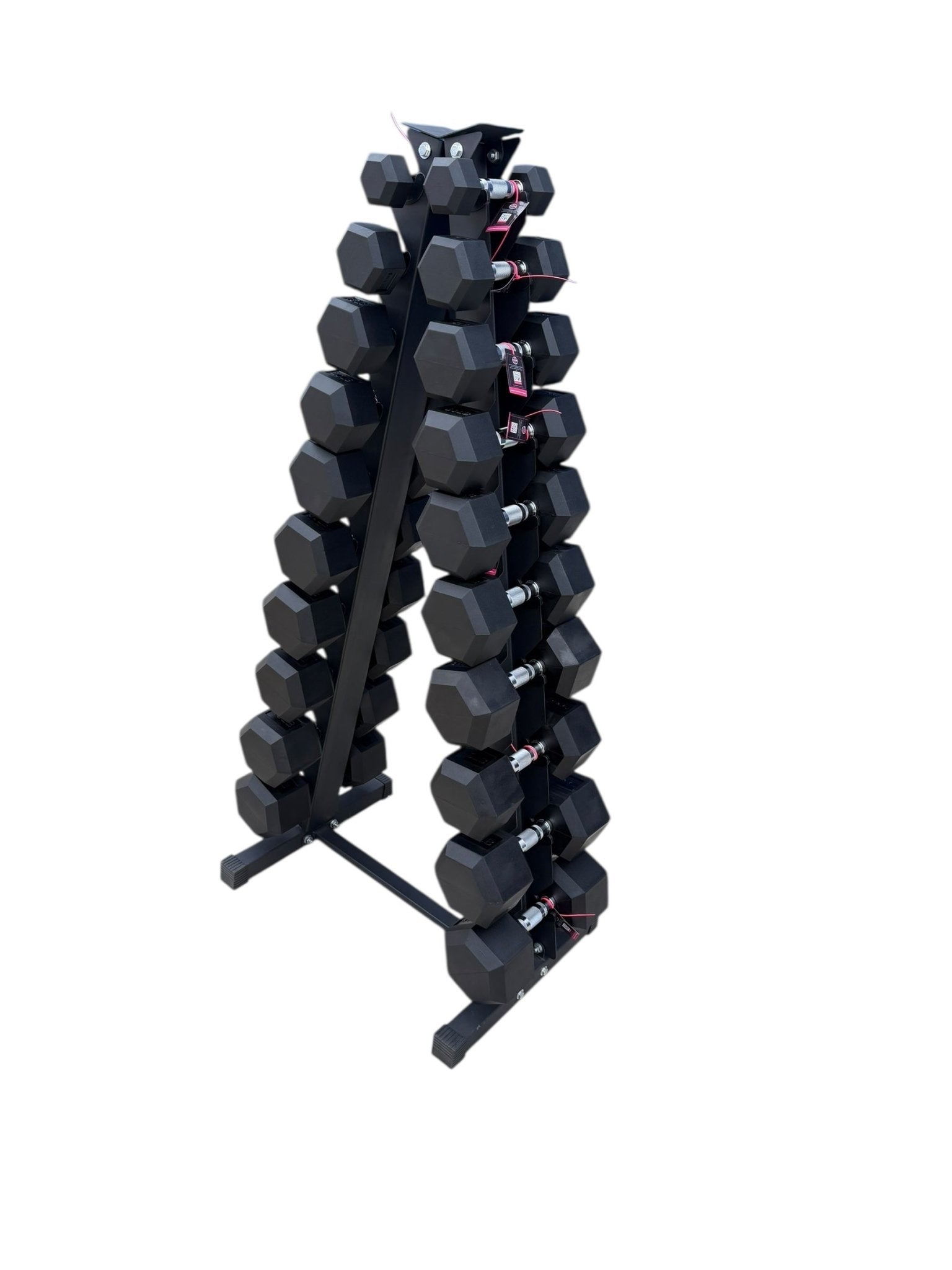 Pair of 5-50lb Hex Rubber Dumbbells Set with "A" Rack