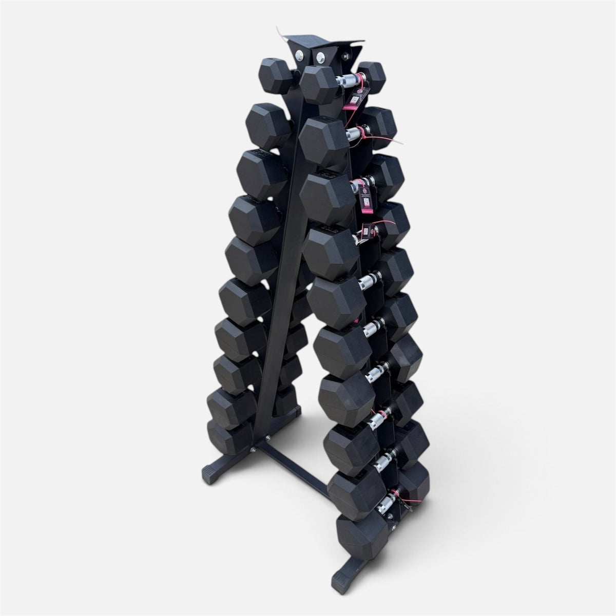 Pair of 5-50lb Hex Rubber Dumbbells Set with "A" Rack