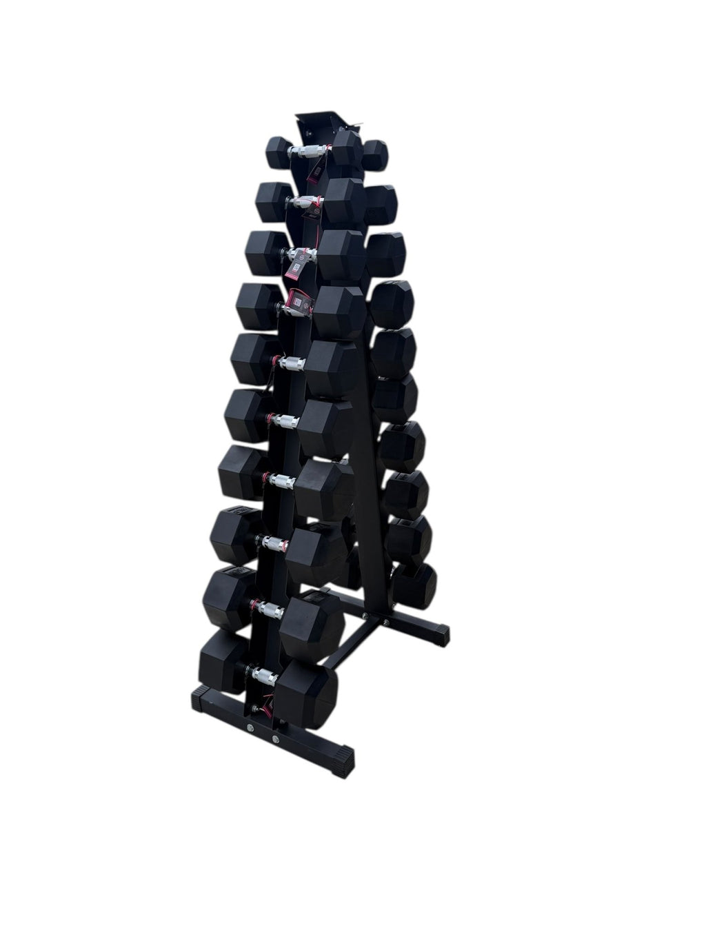 Pair of 5-50lb Hex Rubber Dumbbells Set with "A" Rack