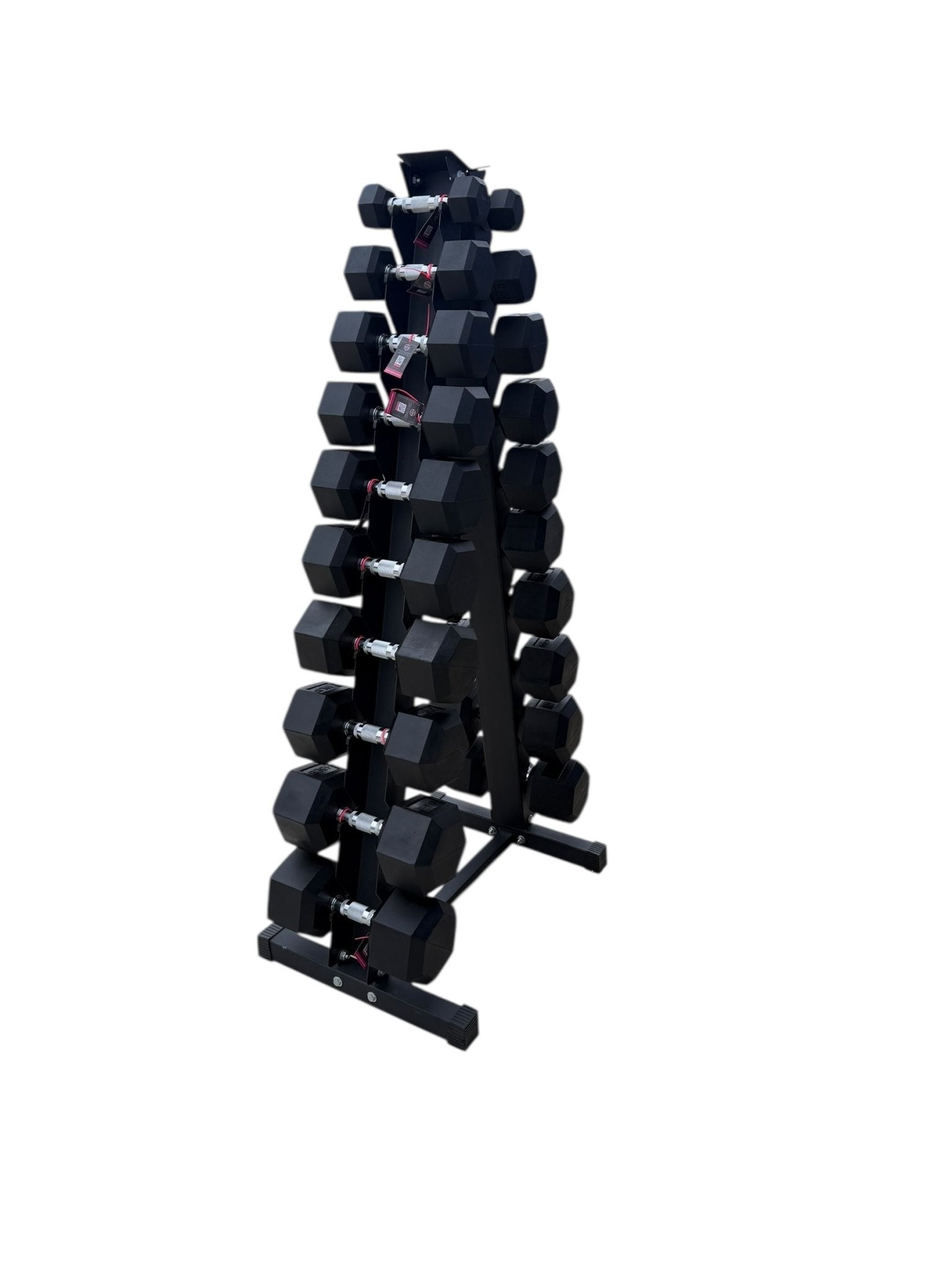 Pair of 5-50lb Hex Rubber Dumbbells Set with "A" Rack