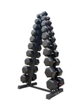 Pair of 5-50lb Hex Rubber Dumbbells Set with "A" Rack