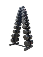 Pair of 5-50lb Hex Rubber Dumbbells Set with "A" Rack