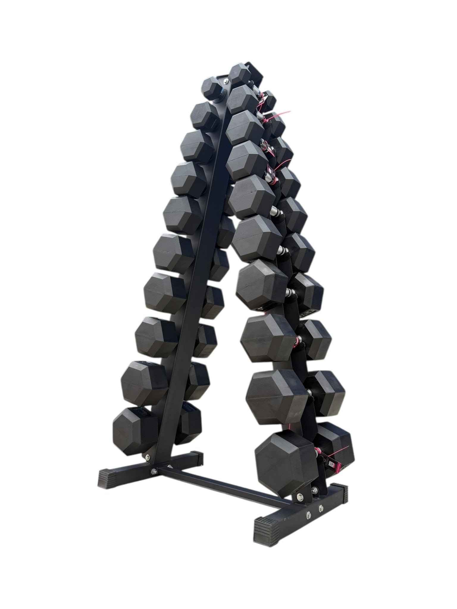 Pair of 5-50lb Hex Rubber Dumbbells Set with "A" Rack