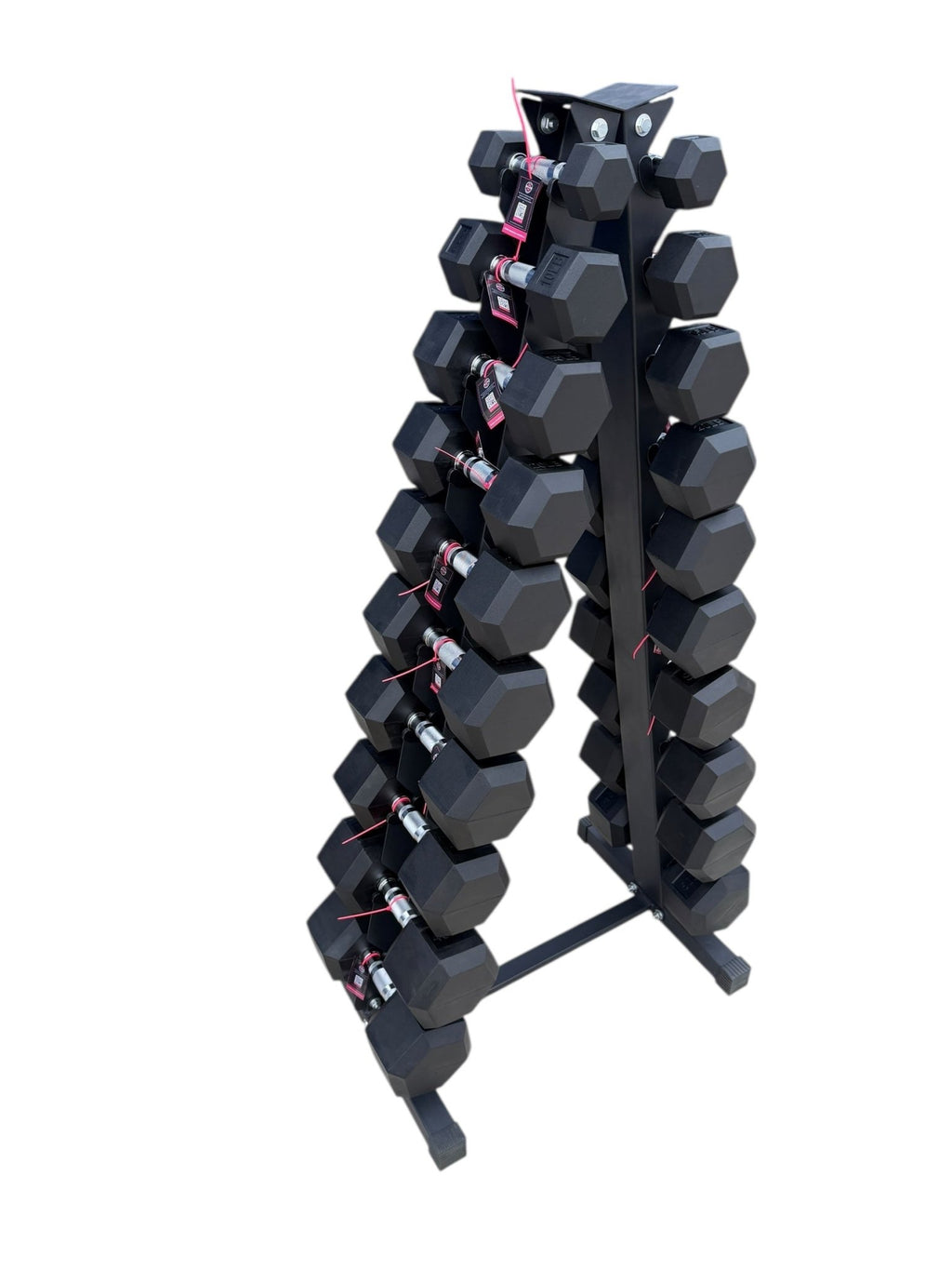 Pair of 5-50lb Hex Rubber Dumbbells Set with "A" Rack