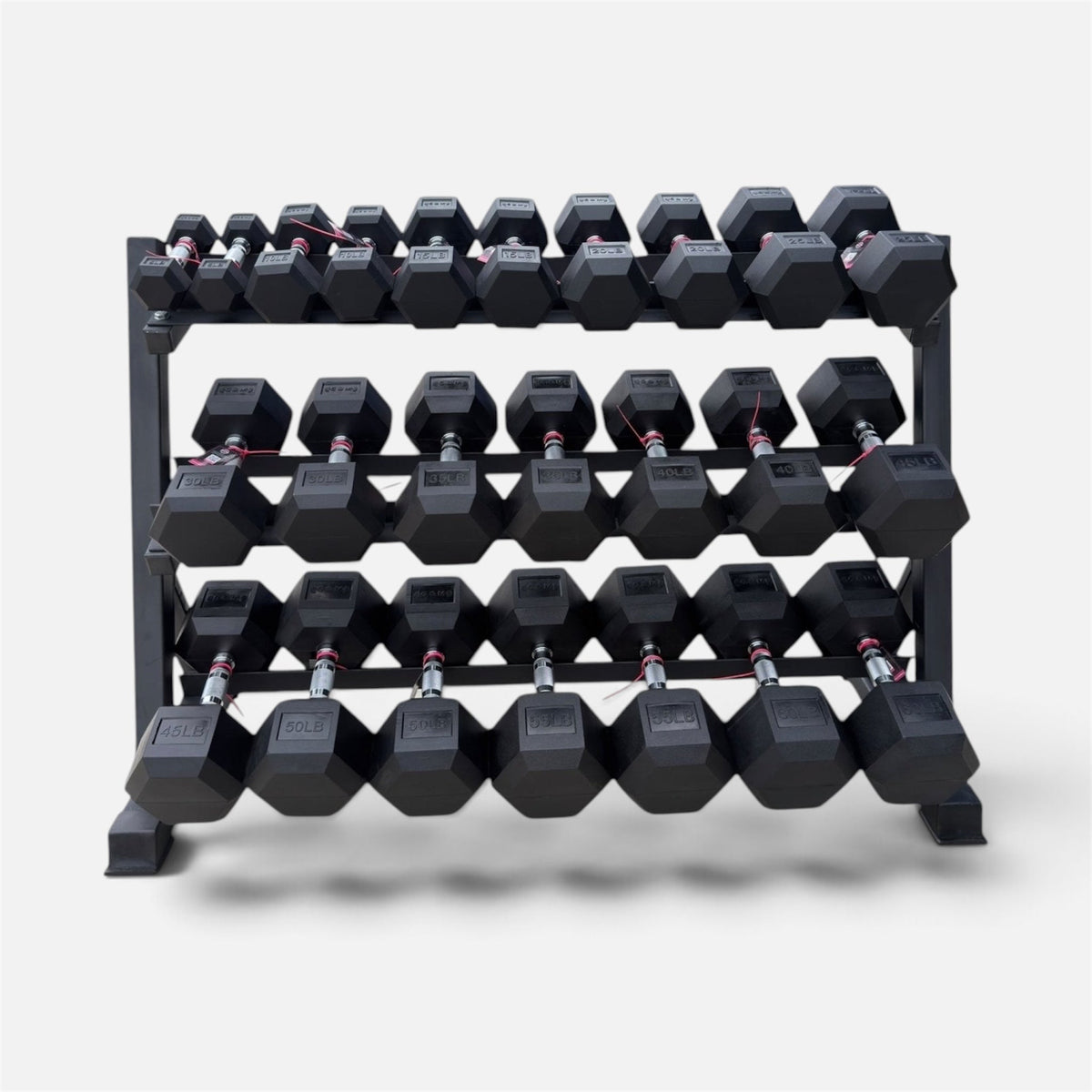 Pair of 5-60lb Hex Rubber Dumbbells Set with Rack