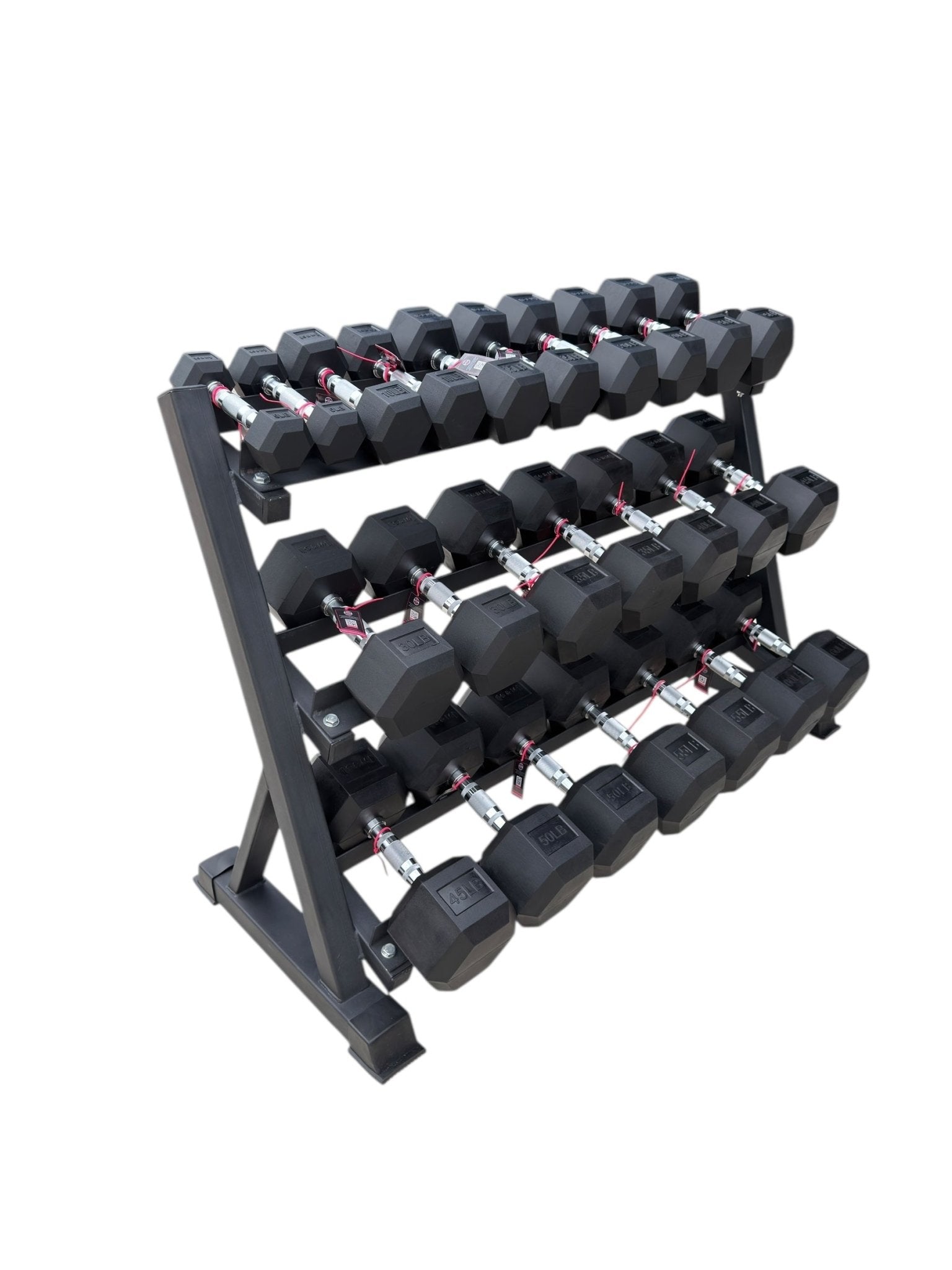Pair of 5-60lb Hex Rubber Dumbbells Set with Rack