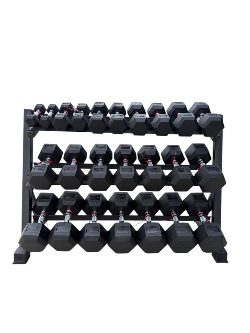Pair of 5-60lb Hex Rubber Dumbbells Set with Rack