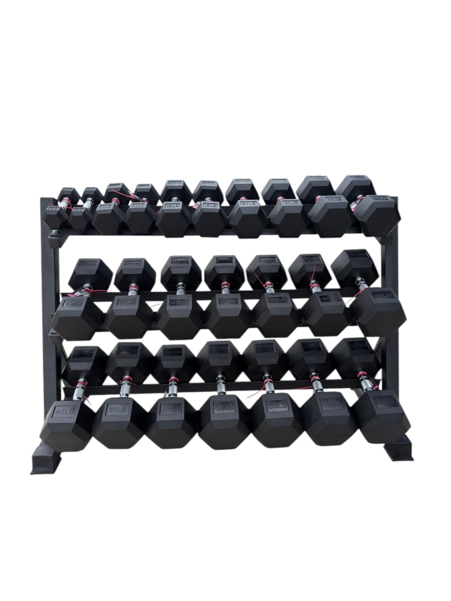 Pair of 5-60lb Hex Rubber Dumbbells Set with Rack