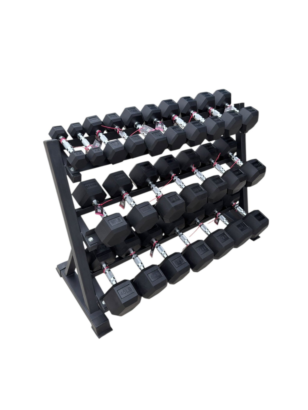 Pair of 5-60lb Hex Rubber Dumbbells Set with Rack