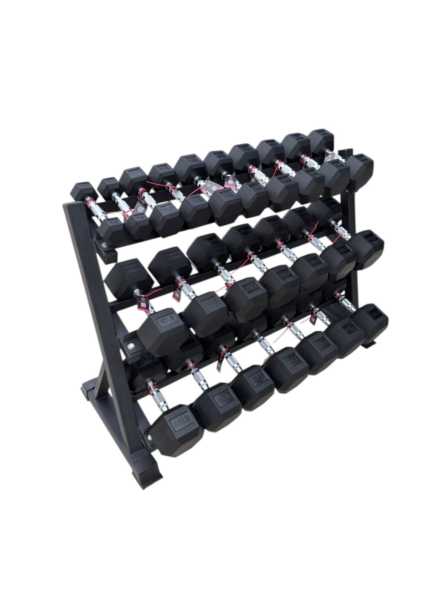 Pair of 5-60lb Hex Rubber Dumbbells Set with Rack