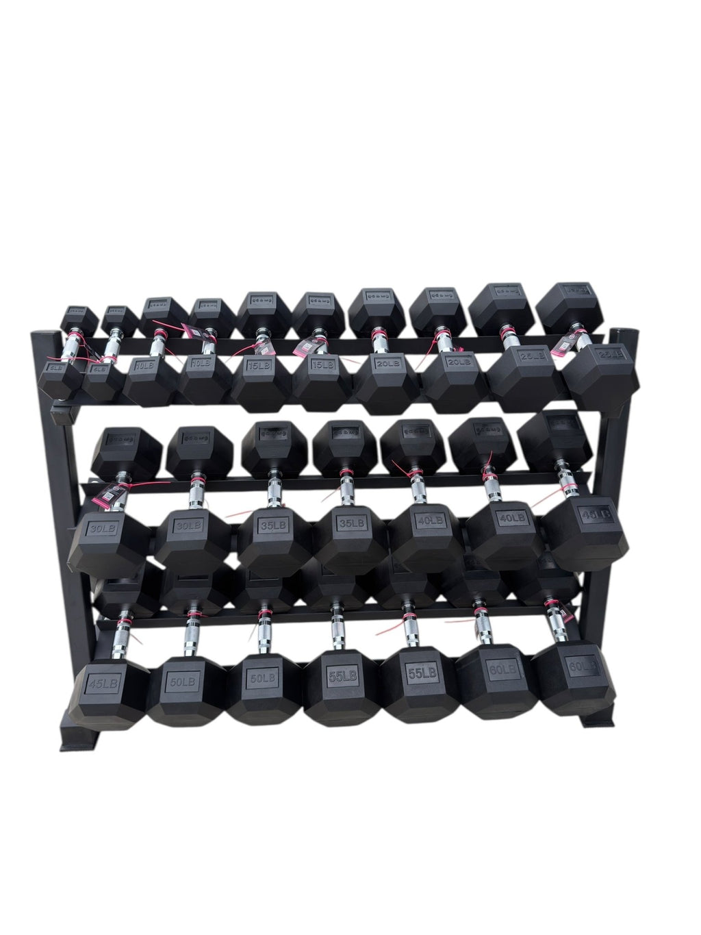 Pair of 5-60lb Hex Rubber Dumbbells Set with Rack