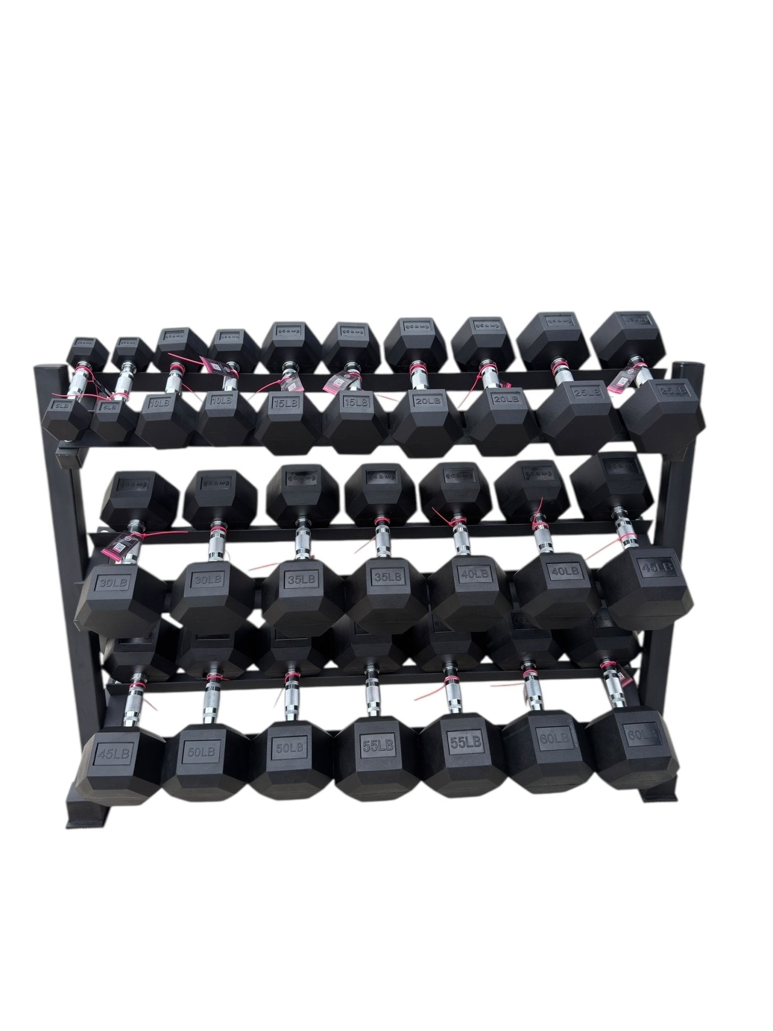 Pair of 5-60lb Hex Rubber Dumbbells Set with Rack